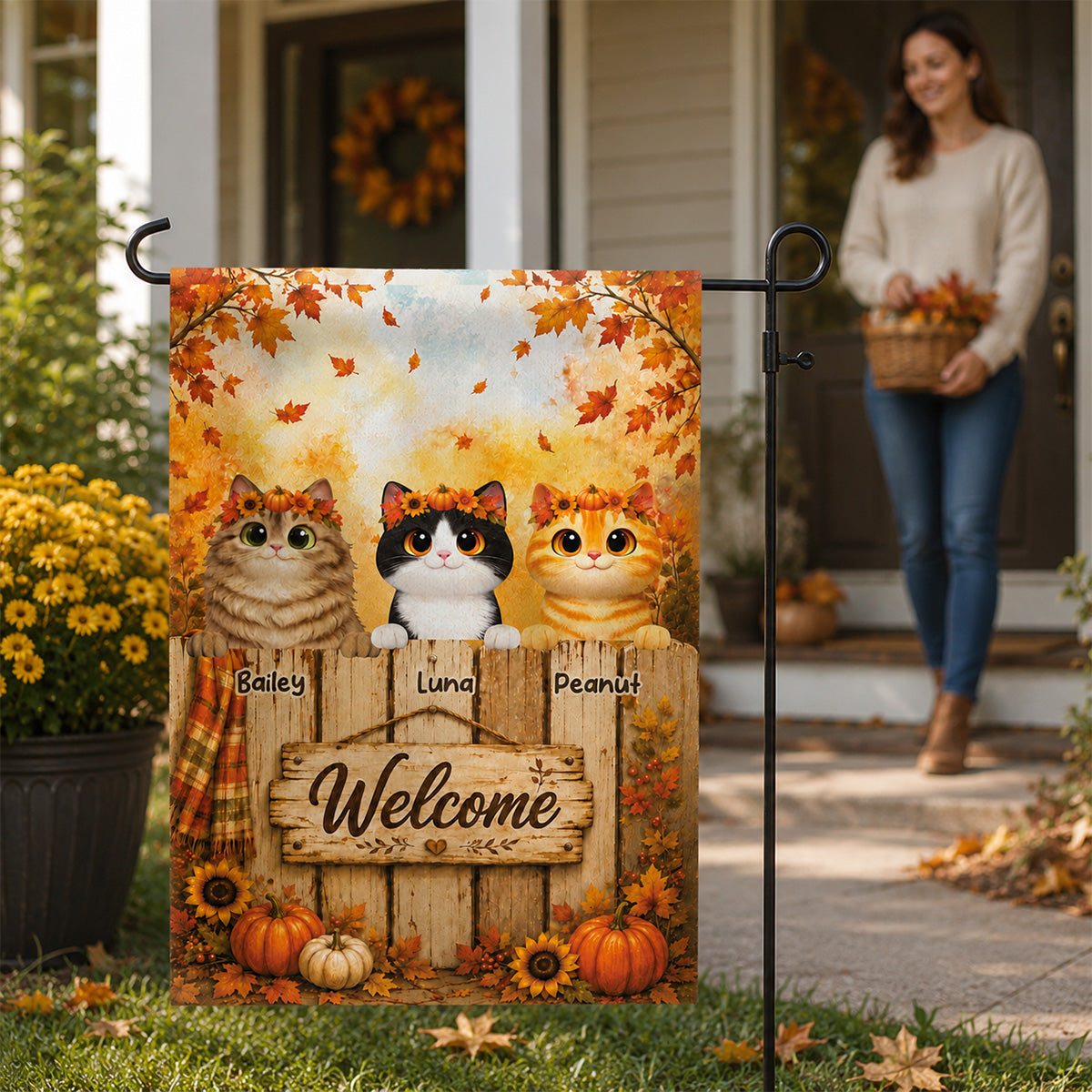 Cozy Fall Welcome Cats Peeking On Fence - Personalized Garden Flag - Fall Season Decoration