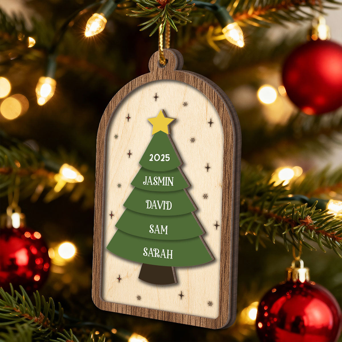 Festive Christmas Tree Family Names - Personalized 2-Layered Wooden Ornament