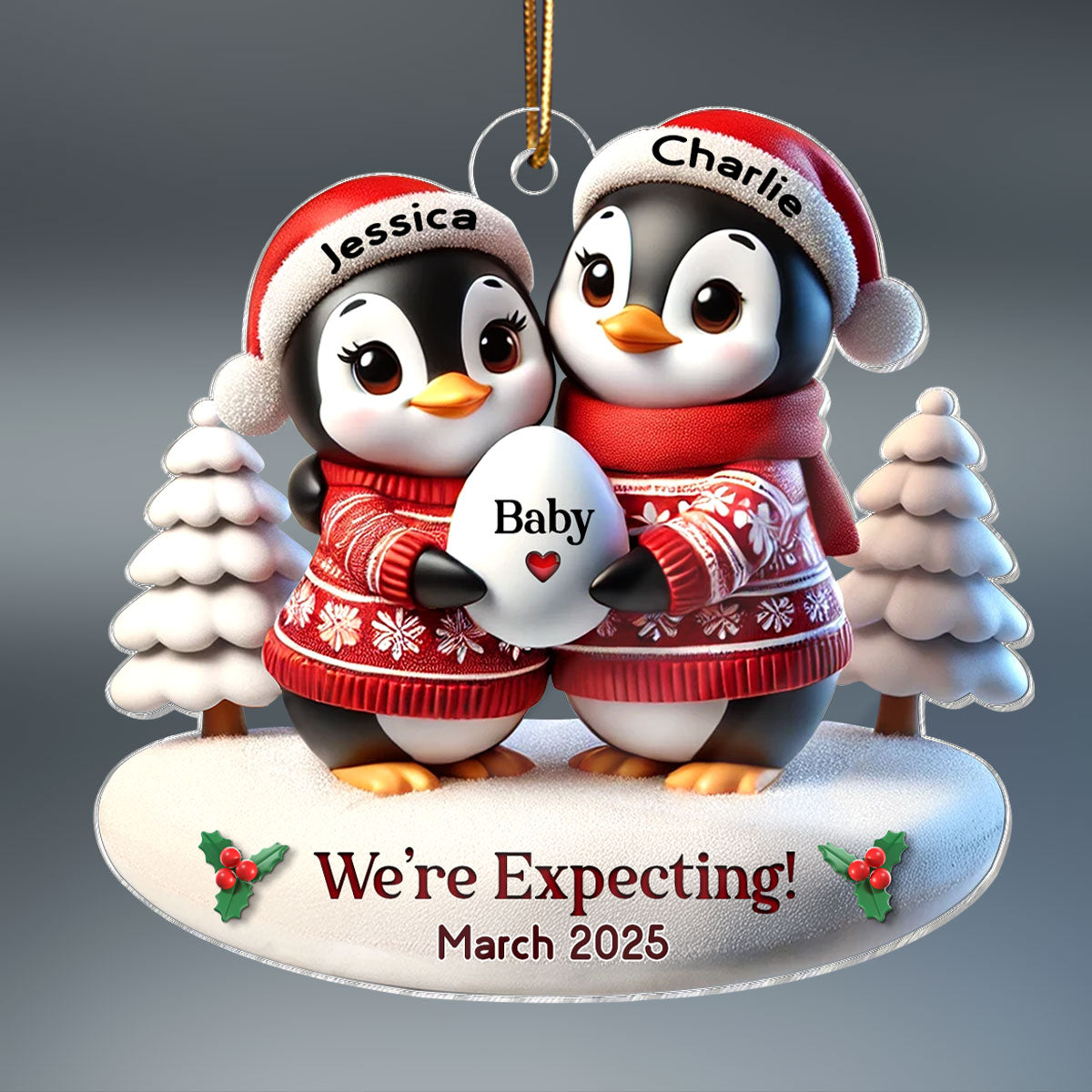 3D Effect Cute Penguin Couple Expecting Parents Pregnancy Announcement Keepsake Personalized Acrylic Ornament