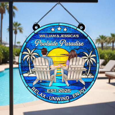 Poolside Paradise Couple Sitting Personalized Suncatcher, Summer Decor