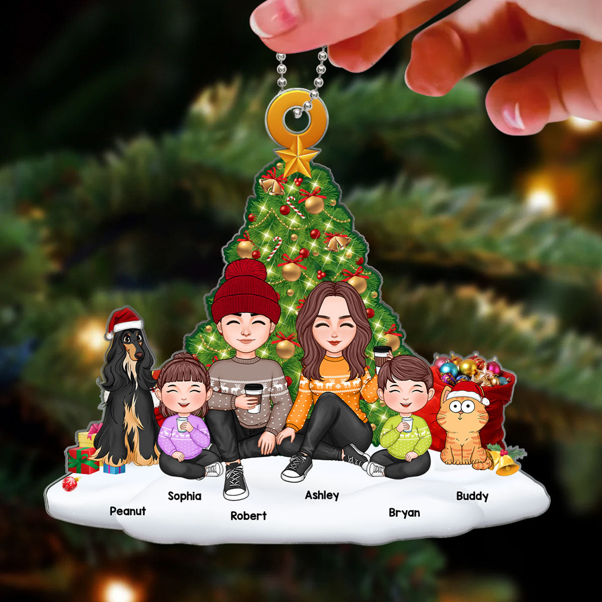 Family Sitting On Snow Christmas Tree Personalized Acrylic Ornament