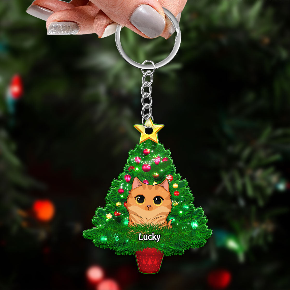 Cats On Christmas Tree Personalized Wooden Keychain