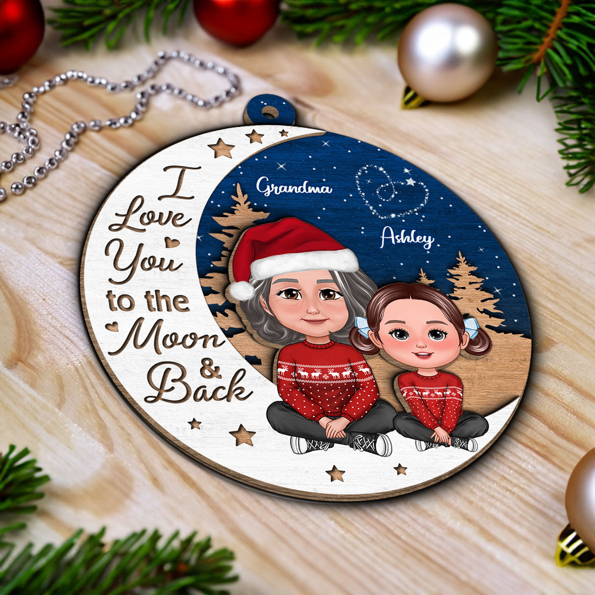 Grandma Grandkid Love You To Moon And Back Christmas Personalized 2-Layer Wooden Ornament