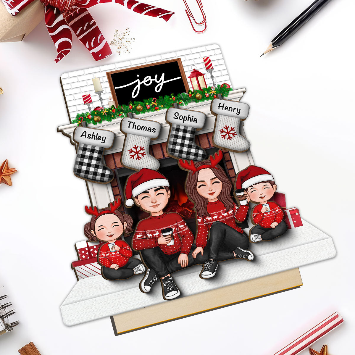 Cute Family Dad Mom Kids Sitting At Christmas Fireplace Personalized 2-Layer Standing Wooden Plaque
