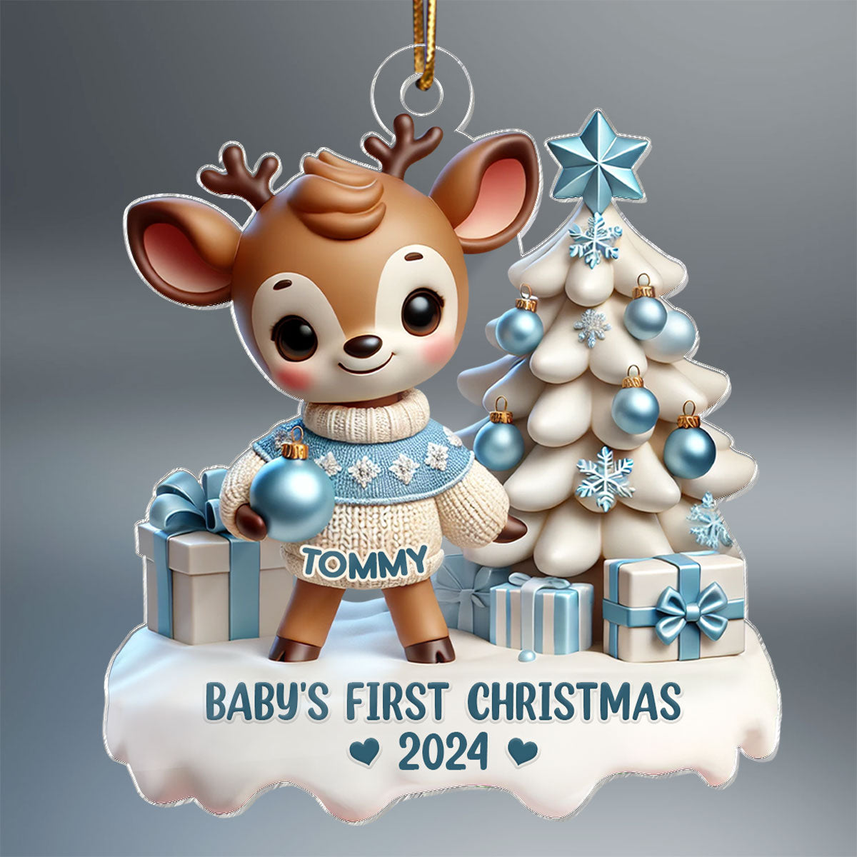 3D Effect Cute Reindeer Baby's First Christmas Personalized Acrylic Ornament, Christmas Gift For Newborns, New Parents