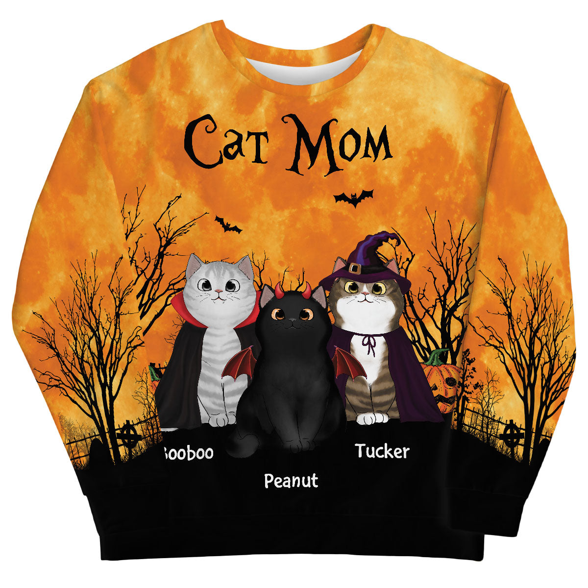 Cat Mom Halloween Moon Light Bat Tree Personalized Sweatshirt, Purrfect Costume for Cat Lover