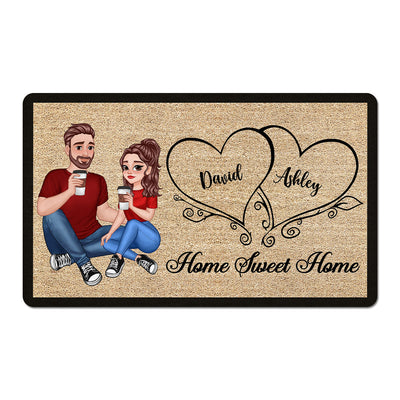 Home Sweet Home Cartoon Couple Sitting Personalized Doormat