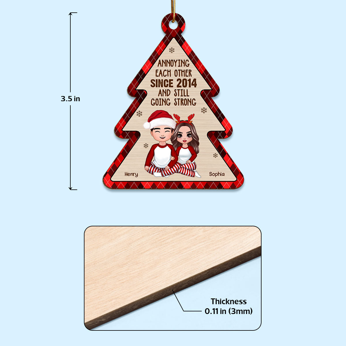 Doll Couple Sitting Hugging Checkered Pattern Christmas Tree Shaped Personalized Wooden Ornament