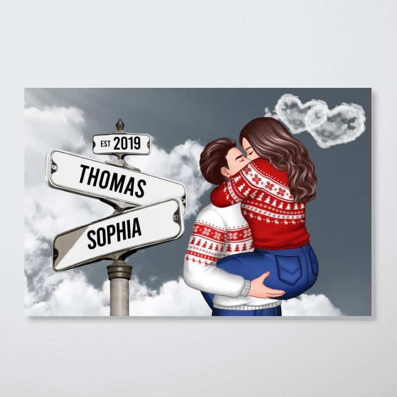 Couple Hugging Kissing, Sign Post Personalized Poster, Christmas Gift For Him, Gift For Her