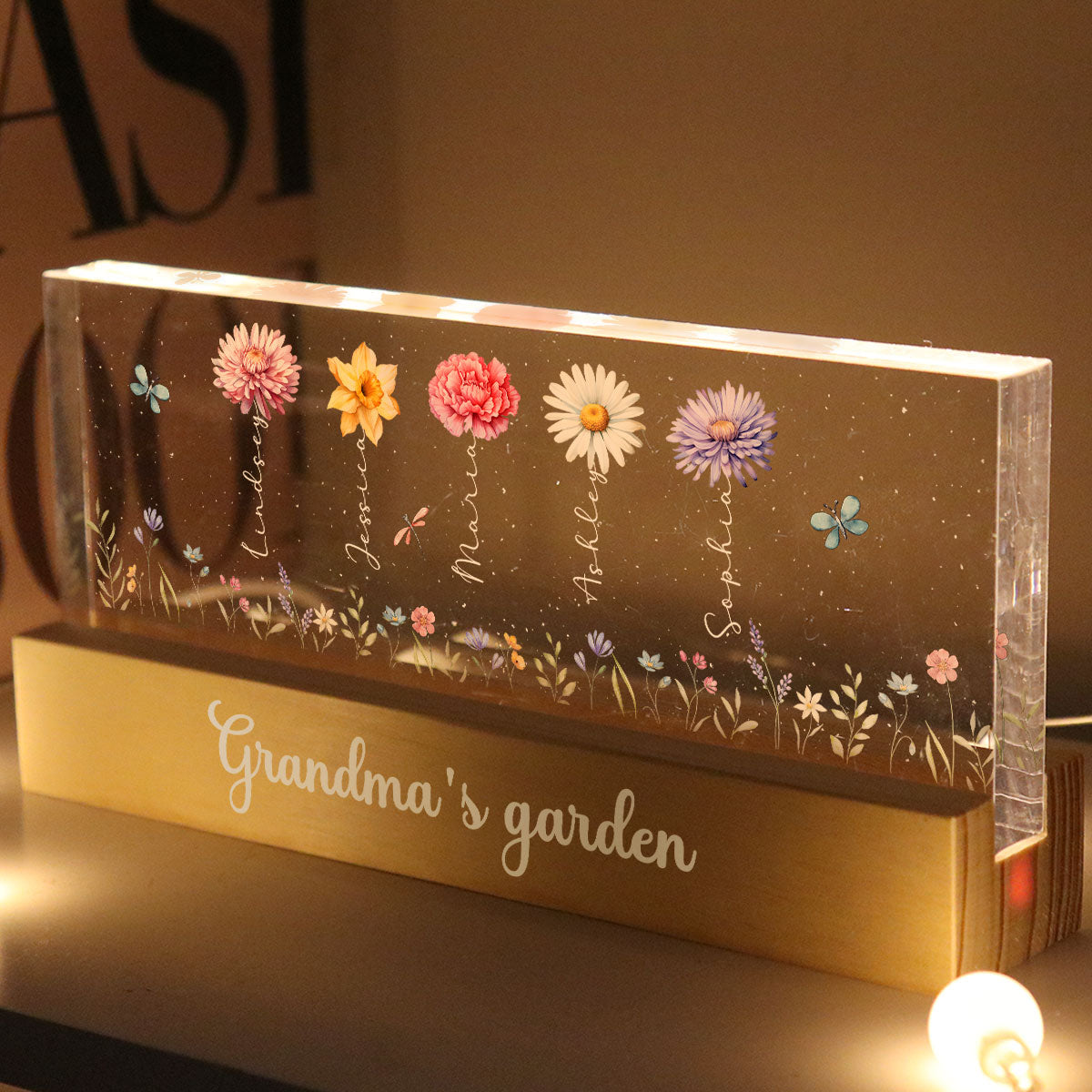 Grandma's Enchanted Garden Birth Month Flowers Personalized Acrylic Block LED Night Light, Gift