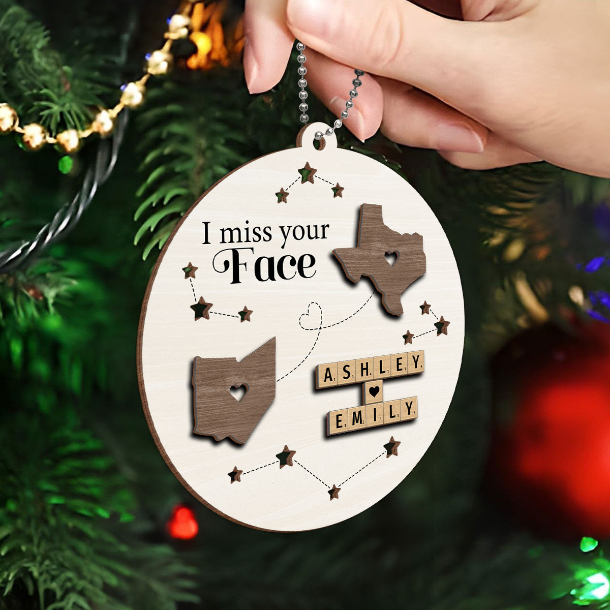 I Miss Your Face Long Distance State Maps Wooden Blocks Personalized 2-Layer Wooden Ornament, Christmas Gift For Besties, Couple, Family