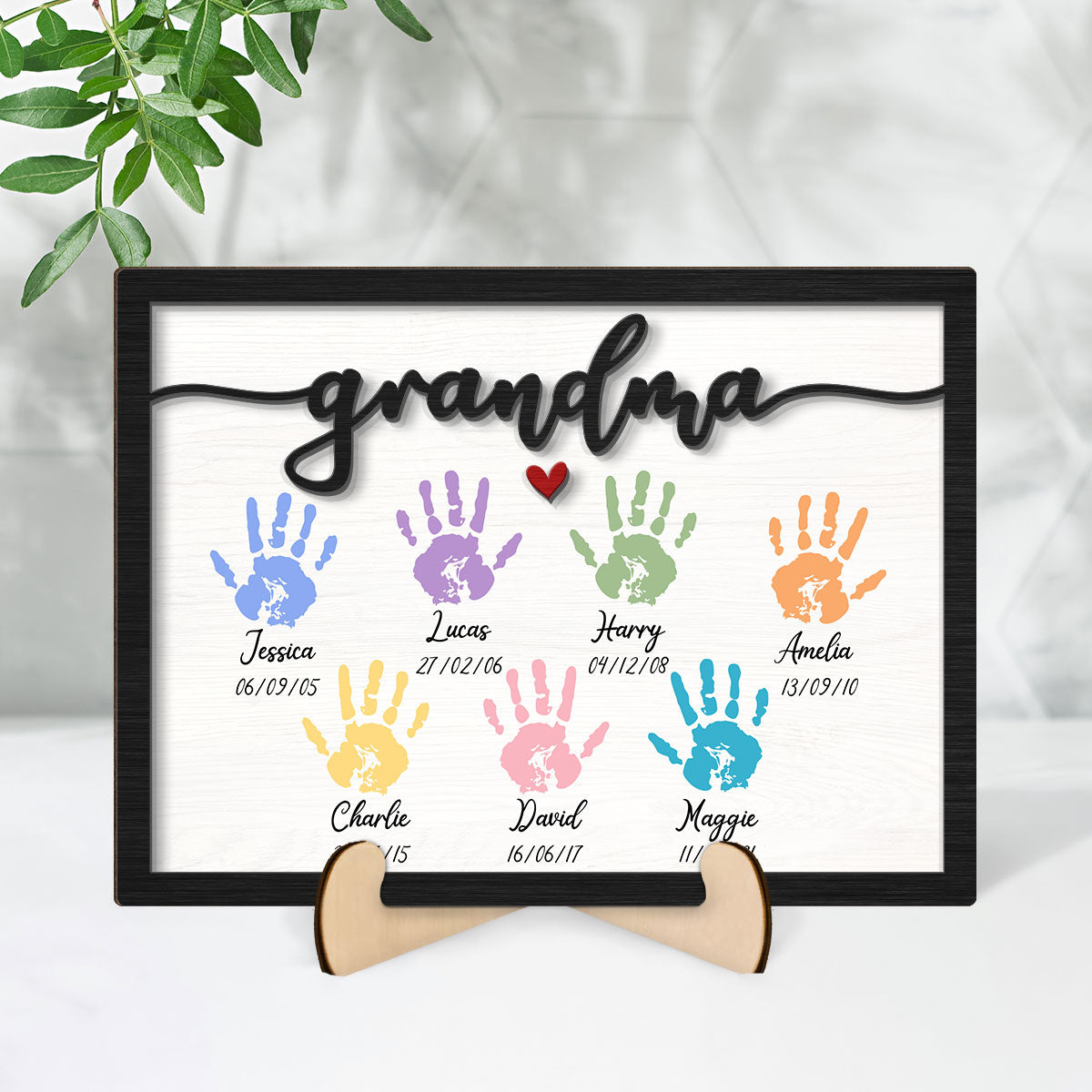 Grandma Mom Colorful Handprints Personalized 2-layer Wooden Plaque
