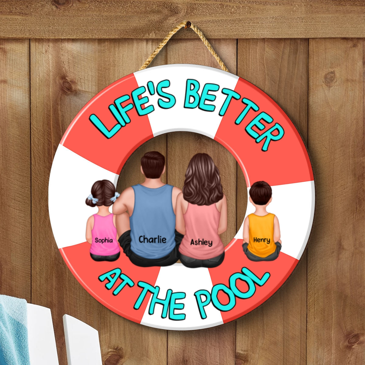 Family Sitting Back View Poolside Swimming Float Personalized 2-Layer Wood Sign