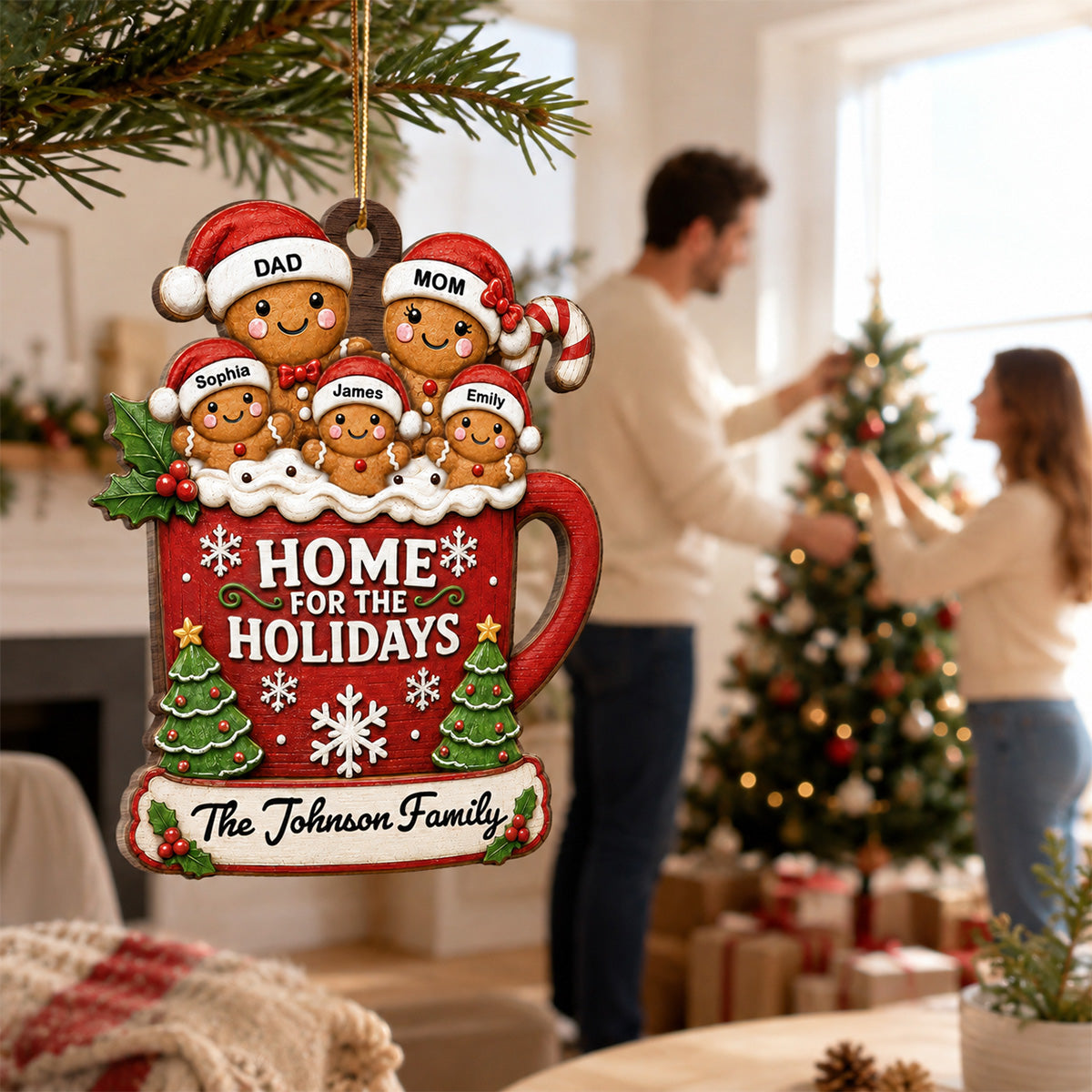 Gingerbread Family In Hot Cocoa 2D Flat - Personalized Wooden Ornament - Christmas Tree Decor For Family