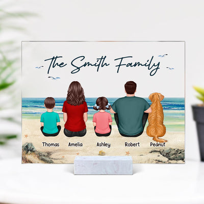 Beach Landscape Whole Back View Family Grandma Grandpa Dad Mom Kids Dogs Cats Sitting Personalized Acrylic Plaque
