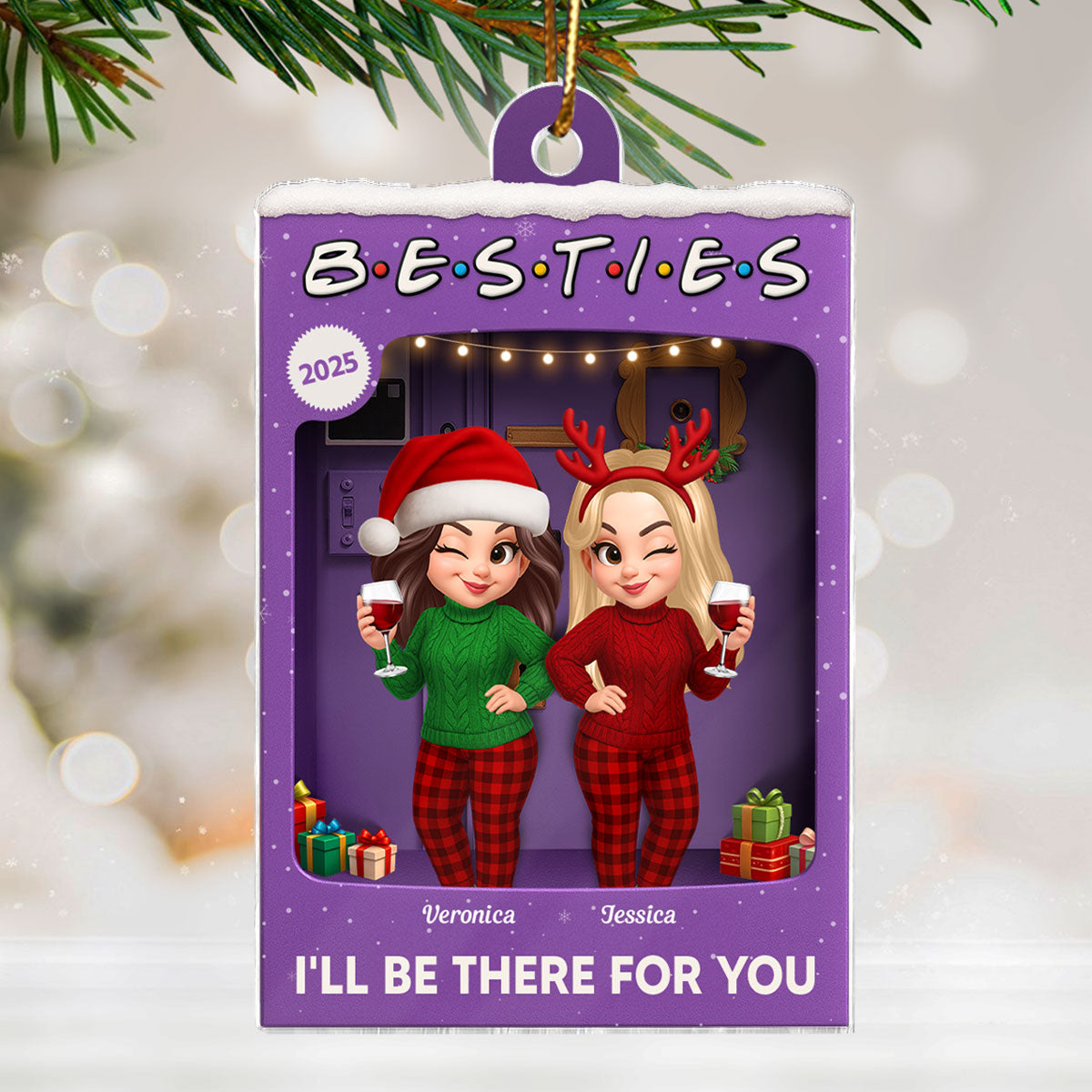 3D Effect Pretty Girl Best Friends Purple Toy Box Style - Personalized Acrylic Ornament - Christmas Gift For Besties