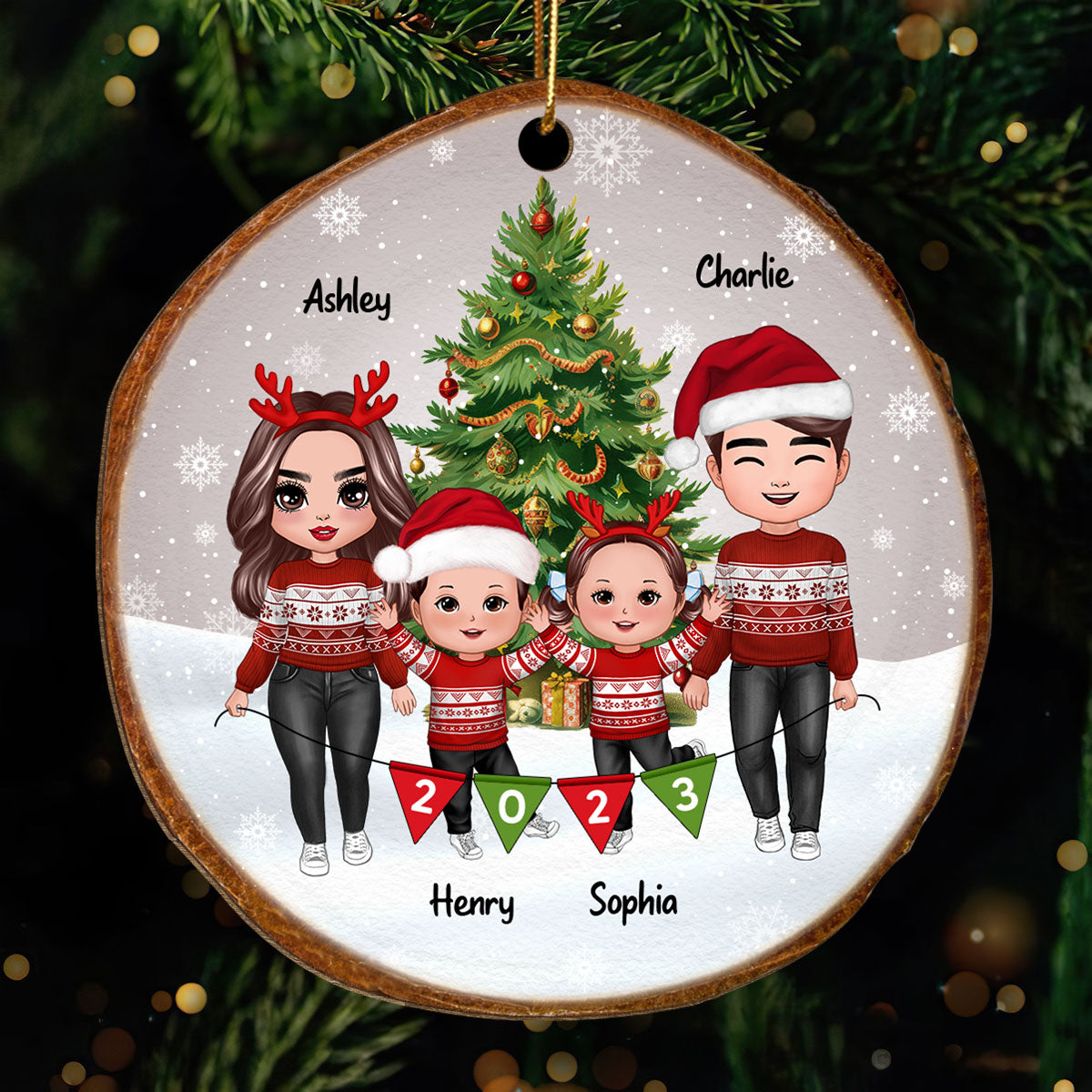 Whole Family Doll Mom Dad Kid Dog Cat By Christmas Tree In Snow 2023 Wood Slice Personalized Wooden Ornament