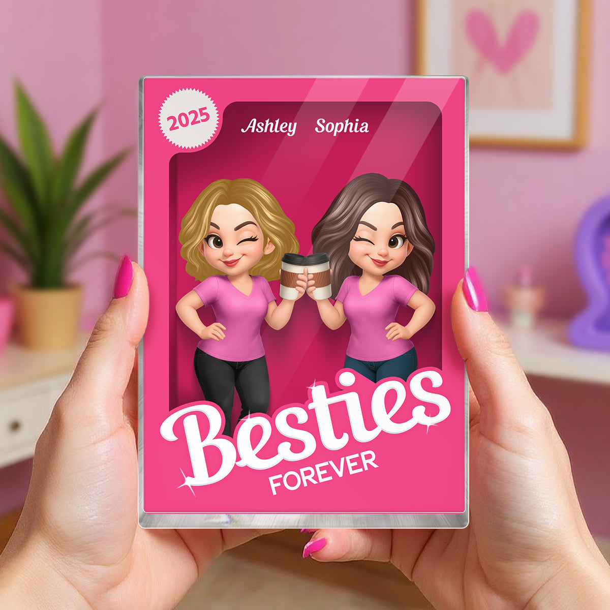 Besties Forever Pink Action Figure 3D Effect - Personalized Acrylic Block Plaque - Gift for Besties, Best Friends