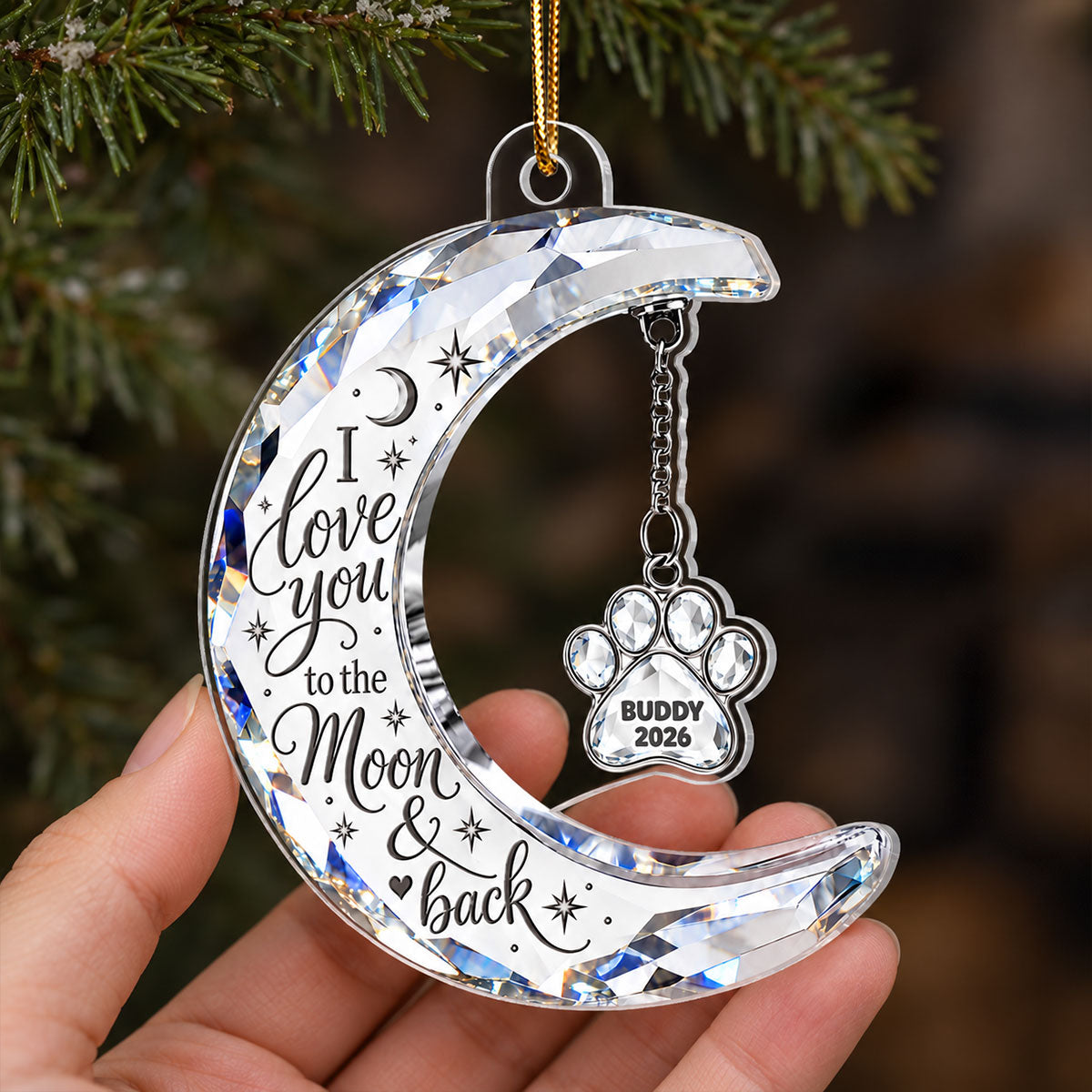 Pet Memorial Crystal Moon & Hanging Paw 2D Flat - Personalized Acrylic Ornament - Custom Pet Name & Year Remembrance Keepsake, Sympathy Gift for Dog & Cat Lovers