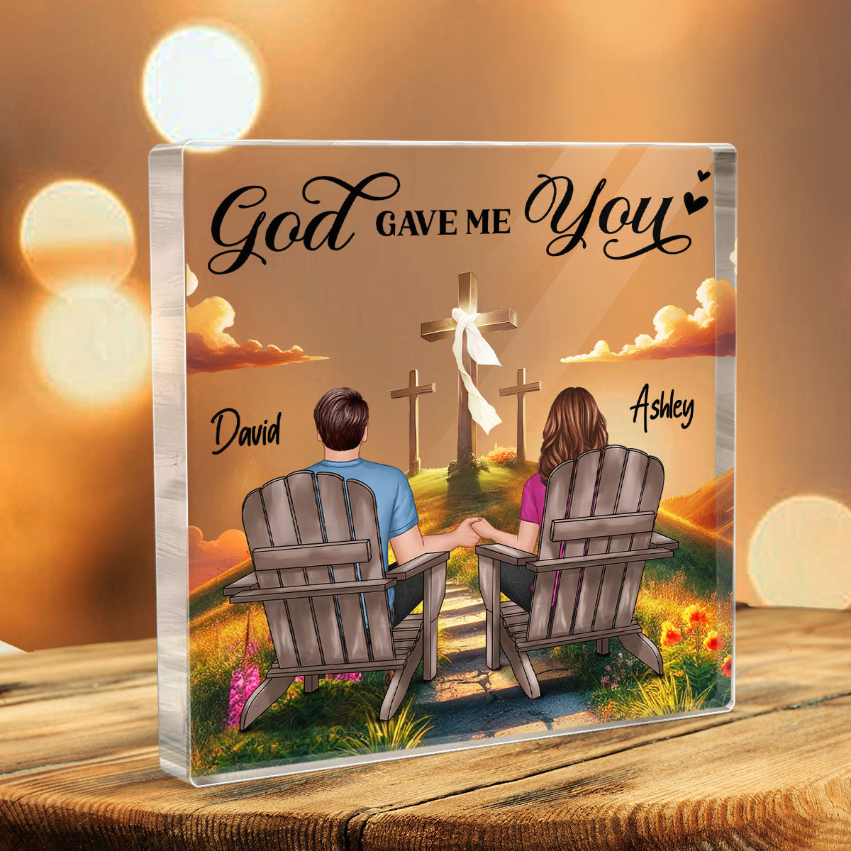 Cross God Knew My Heart Needed You Old Couple Sitting Together Personalized Acrylic Block Plaque, Anniversary  Gift For Him, Her, Husband, Wife
