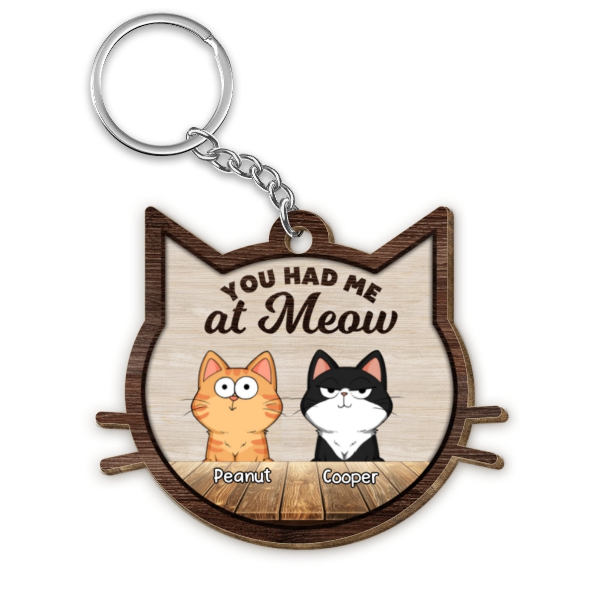 Cat Face Shaped Funny Cat Expressions Personalized Wooden Keychain