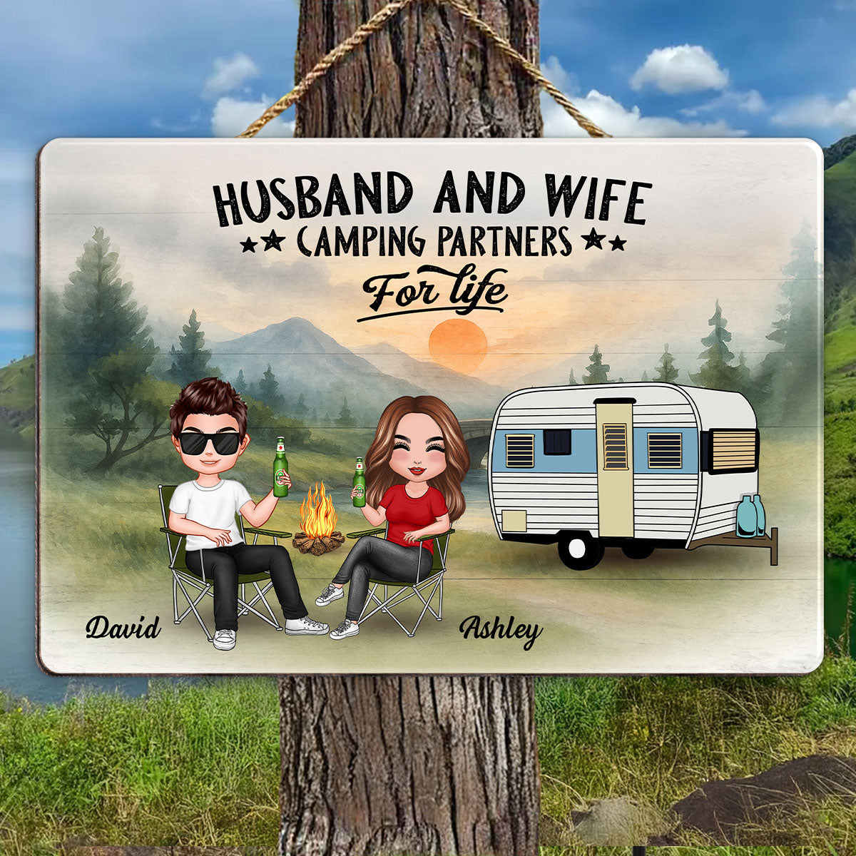 Doll Camping Couple Mountain Personalized Wood Sign