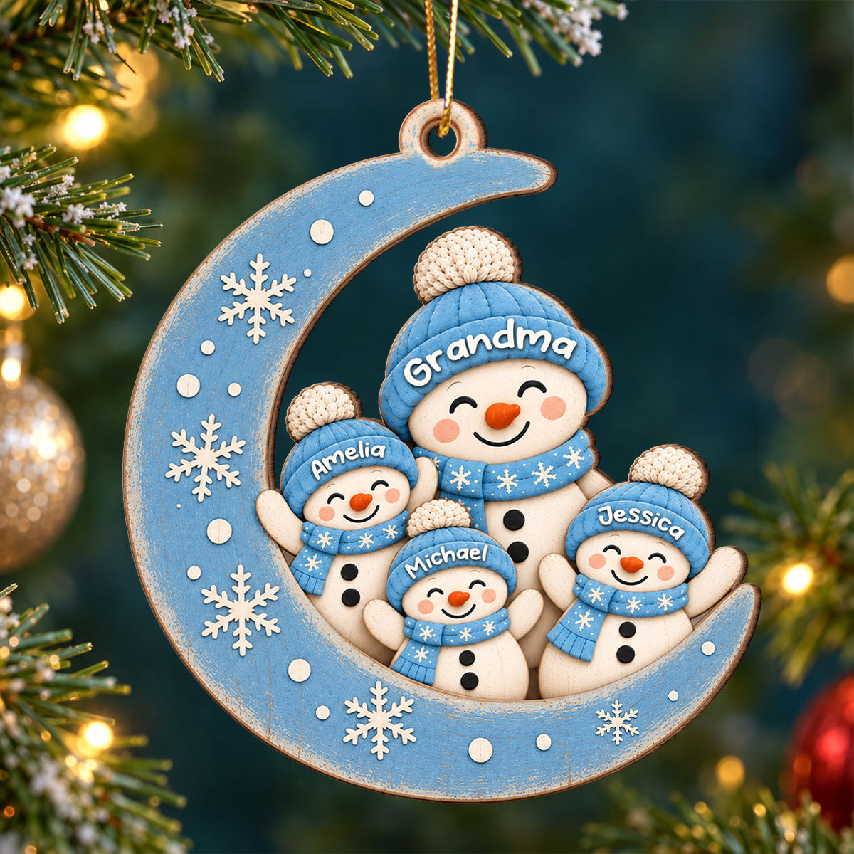 Blue Winter Grandma Grandkids Snowman On Moon - Personalized Wooden Ornament - Christmas Gift for Grandma