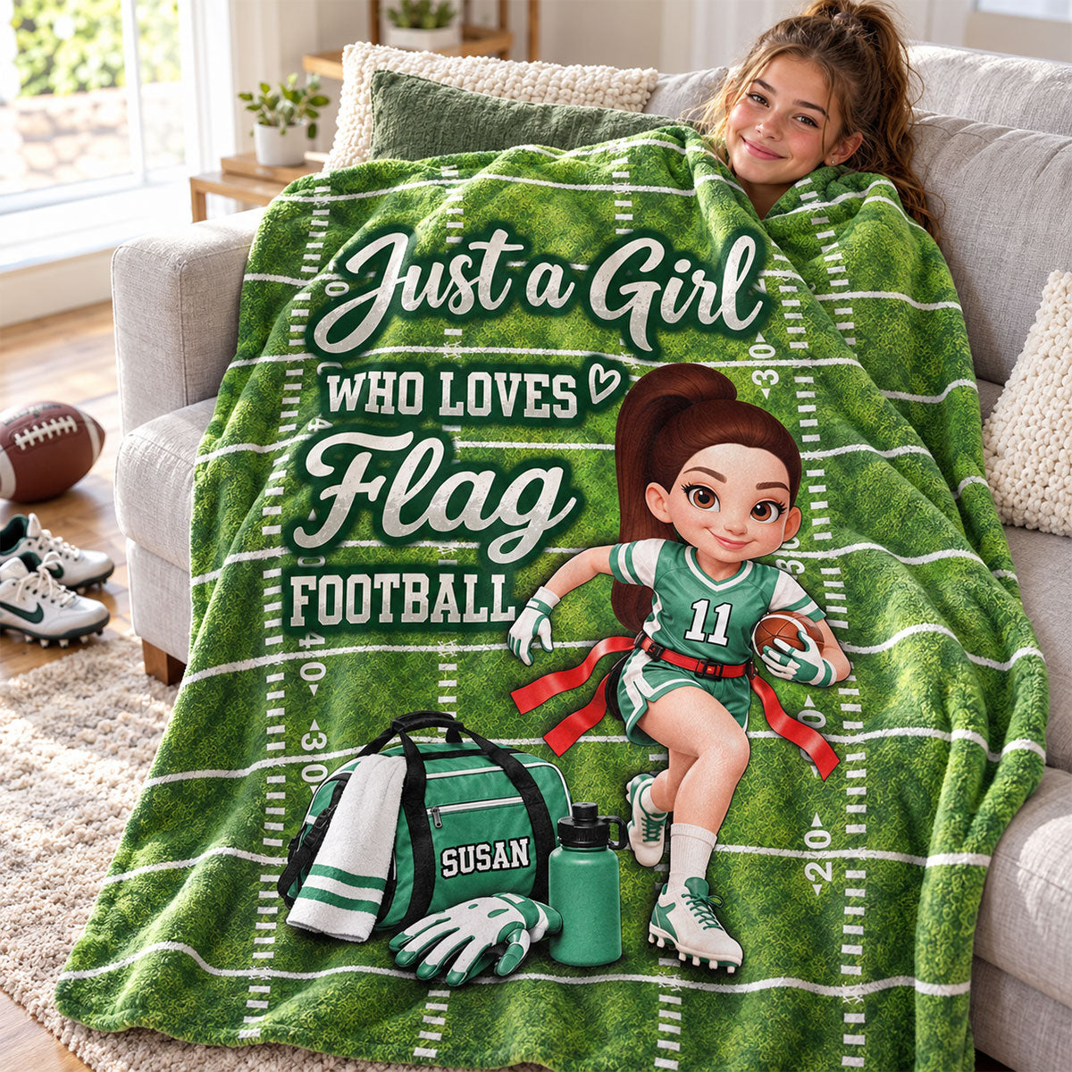 Just a Girl Who Loves Flag Football - Personalized Fleece Blanket - Christmas Gift for Daughter, Granddaughter, Niece