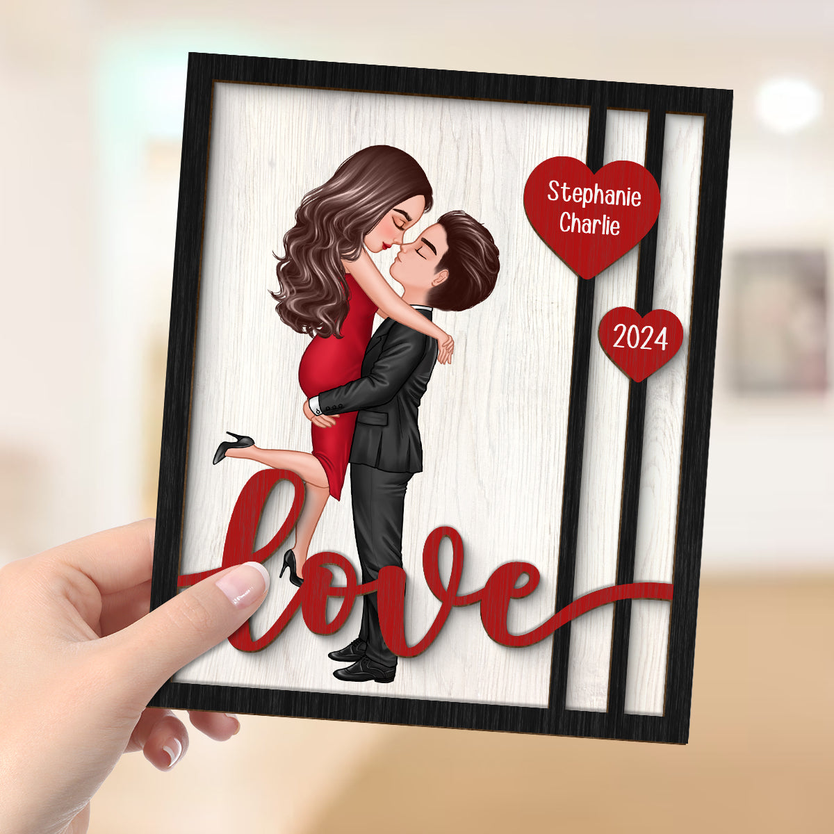 Couple Hugging Kissing Love Hearts Personalized 2-layer Wooden Plaque, Valentine‘s Day Gift For Him, For Her