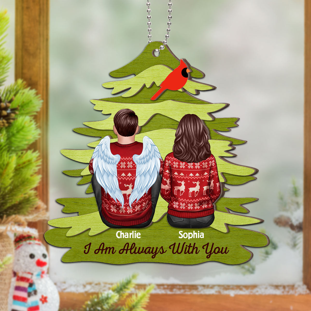 Rustic Red Cardinal I Am Always With You Personalized Christmas 2-Layer Wooden Ornament