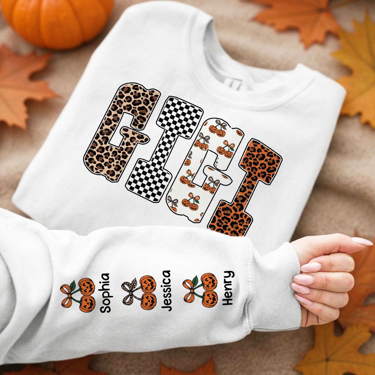 Trendy Fall Mama Personalized Sweatshirt – Leopard, Pumpkin & Checkerboard Fall Halloween Sweatshirt