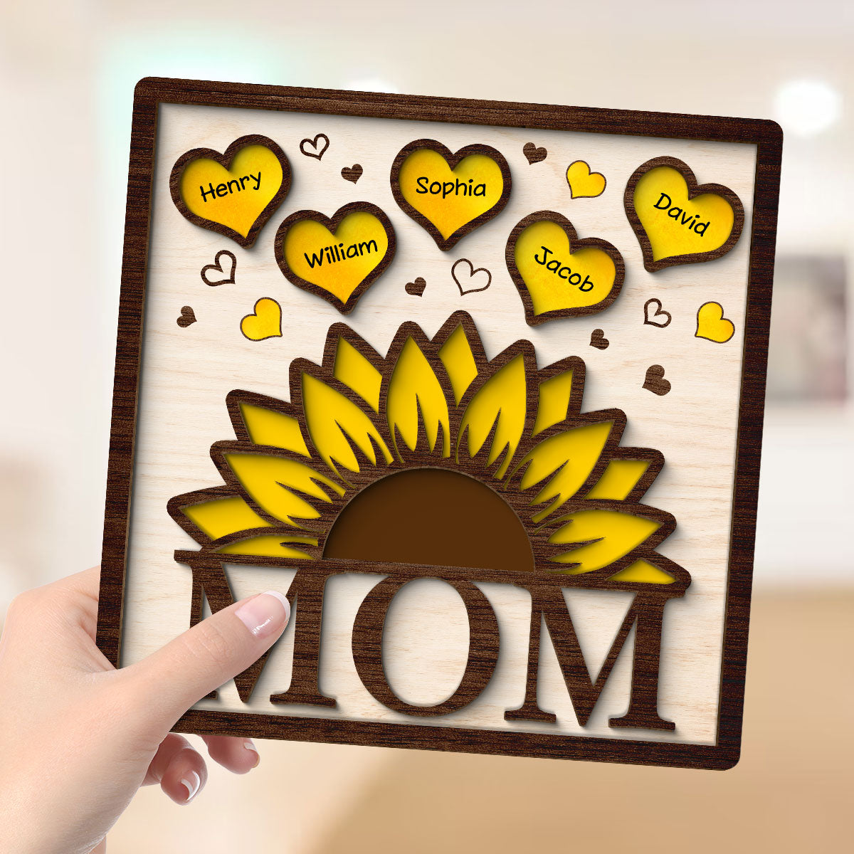Grandma Mom Sunflower Hearts With Kids Names Personalized 2-layer Wooden Plaque