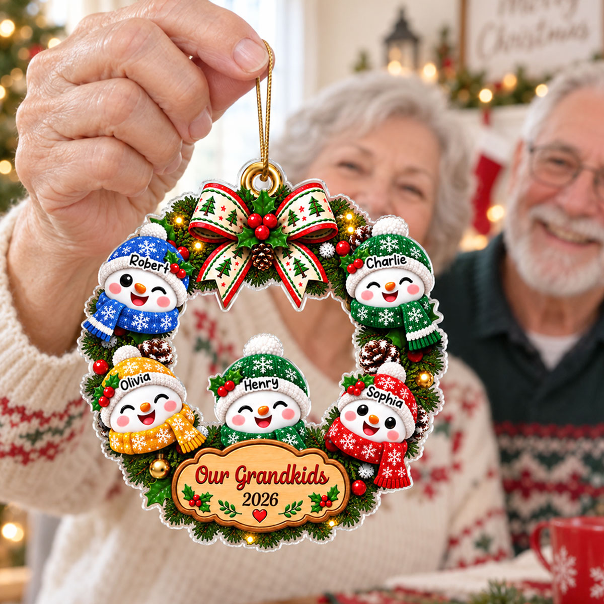 Our Grandkids Snowman Christmas Wreath 2026 - Personalized Acrylic Ornament - Christmas Gift For Kids, Grandkids