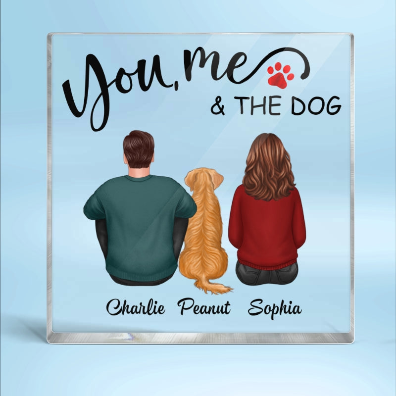 Back View Couple Sitting You Me And The Dogs Cats Personalized Acrylic Block Plaque