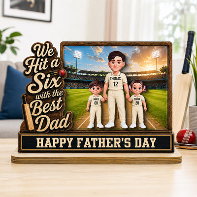 Hit A Six With The Best Dad Cricket Dad & Kids On Field 2D Flat - Personalised 2-Layered Wooden Plaque - Father's Day Gift For Husband, Dad