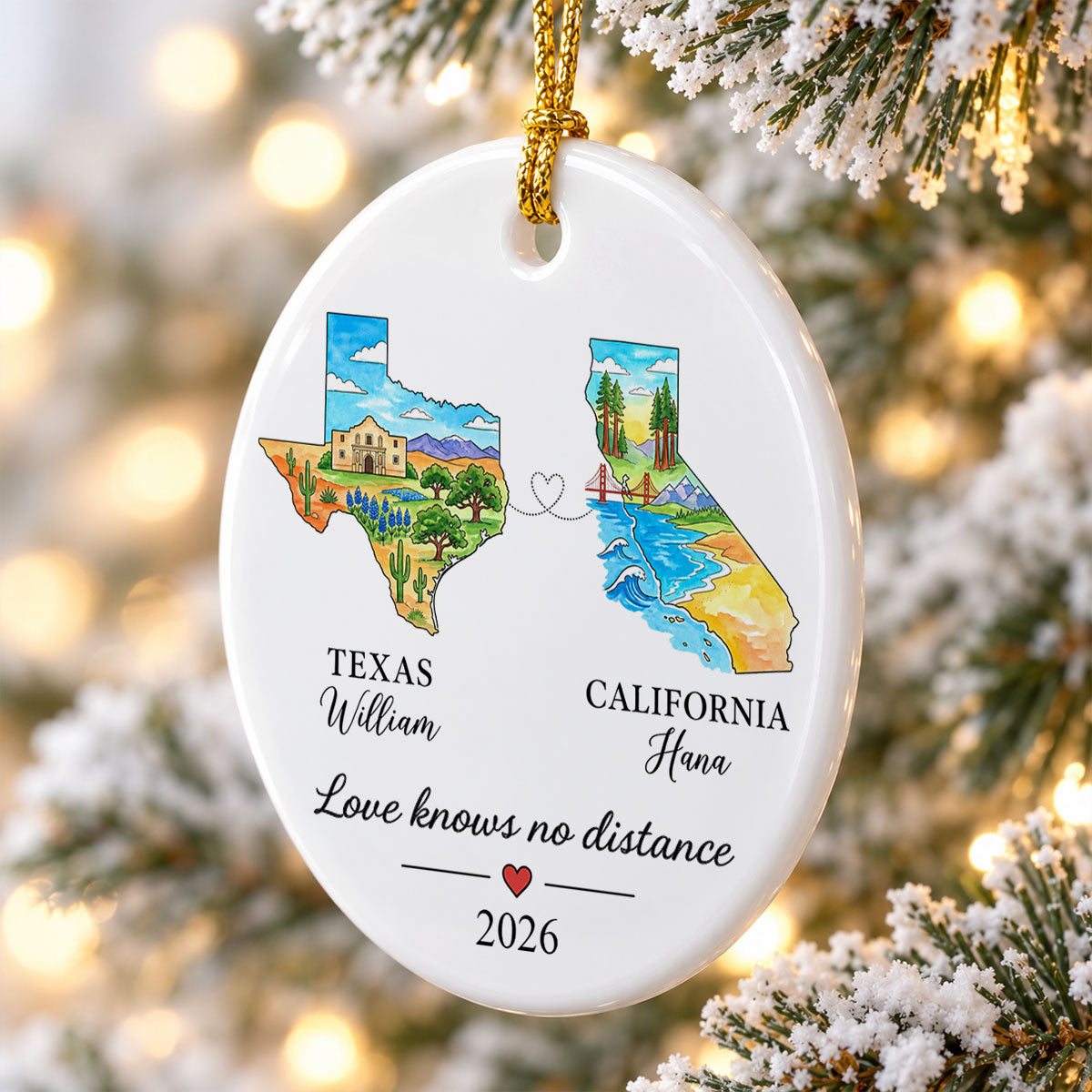 Love Knows No Distance State Map - Personalized Ceramic Ornament - Christmas Gift For Long Distance Couples, Boyfriend, Girlfriend, Husband, Wife