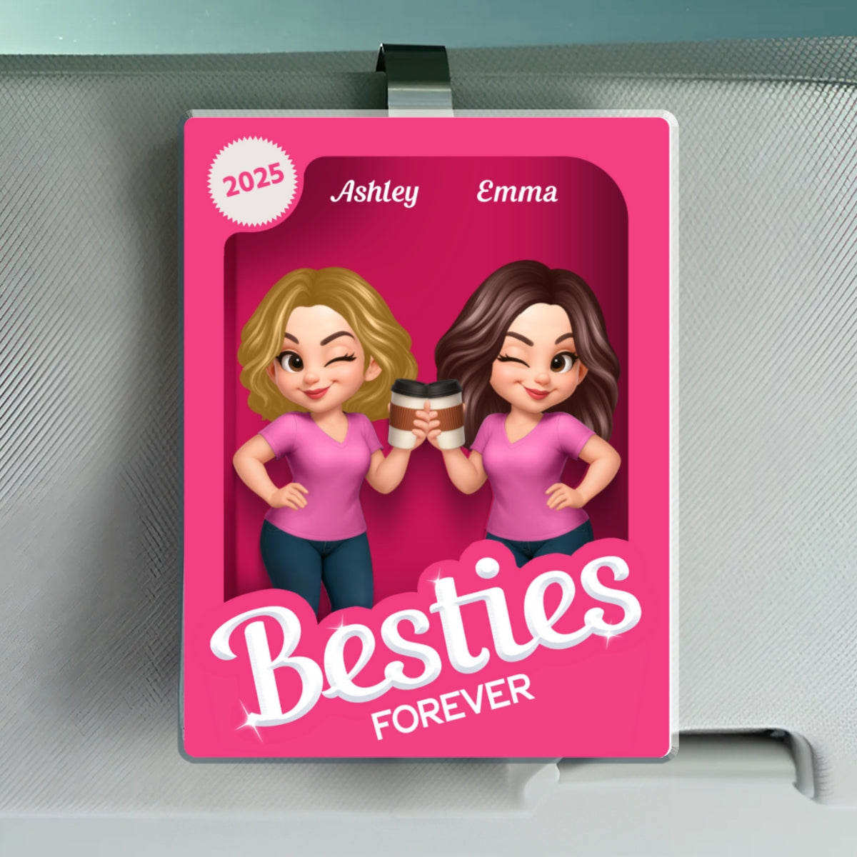 Besties Partners In Crime Pink Action Figure 3D Effect Personalized Acrylic Car Visor