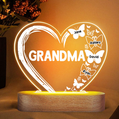 Mom Grandma Heart Butterflies Personalized Heart Acrylic Plaque LED Lamp Night Light