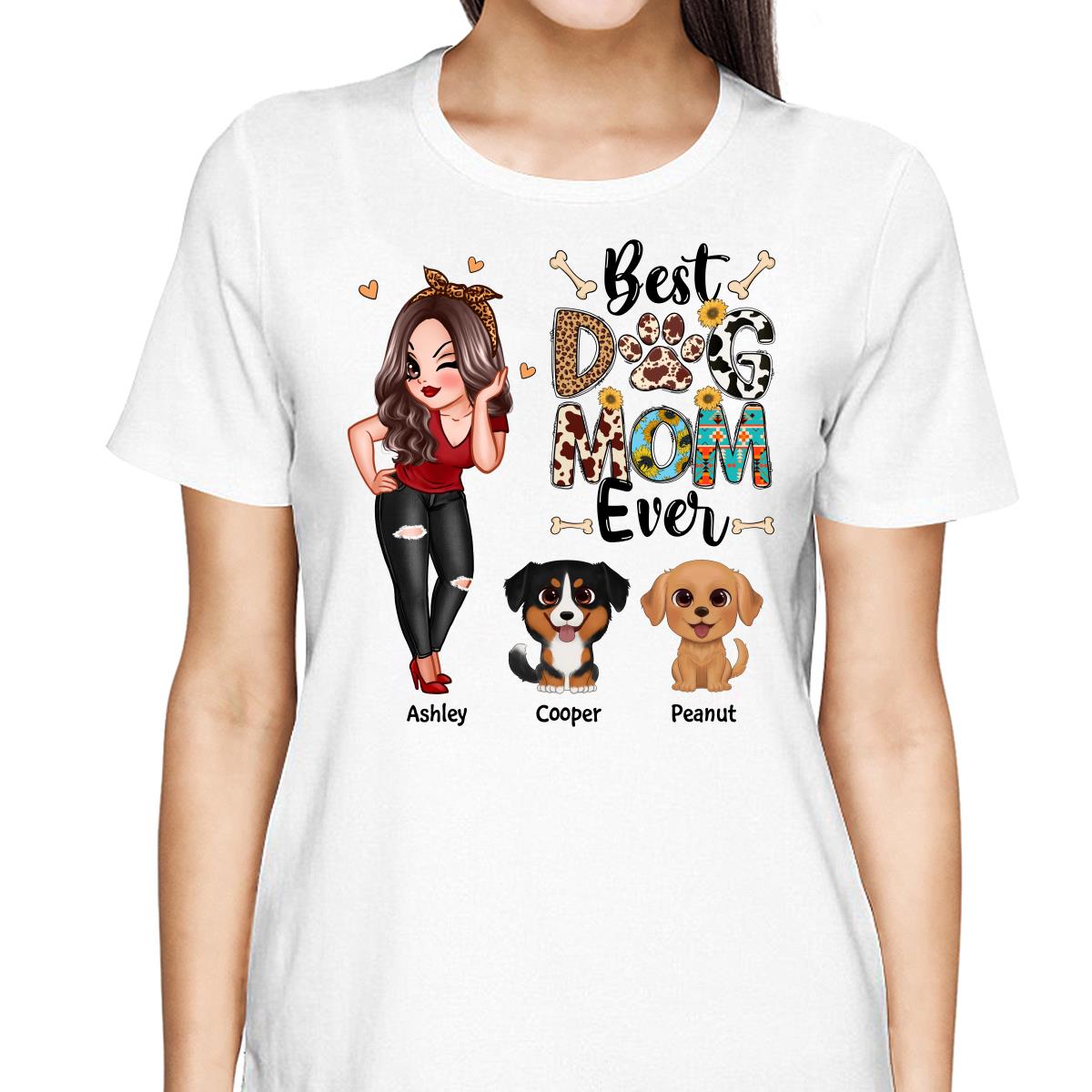 Best Dog Mom Ever Multi Pattern Pretty Girl & Cute Cartoon Sitting Dog Personalized Shirt
