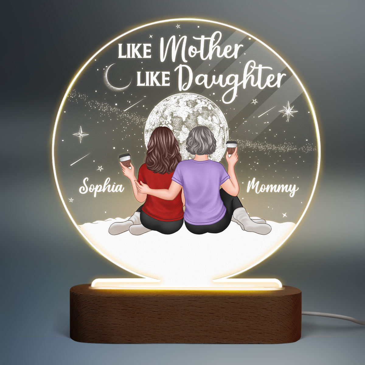 Embracing Mother Daughters Moon Personalized Circle Plaque LED Night Light