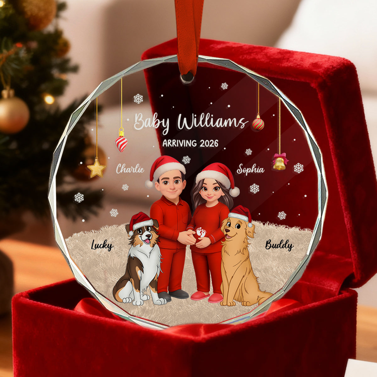 Expecting Parents Christmas Pregnancy Baby Arriving With Dogs Cats - Personalized Glass Ornament