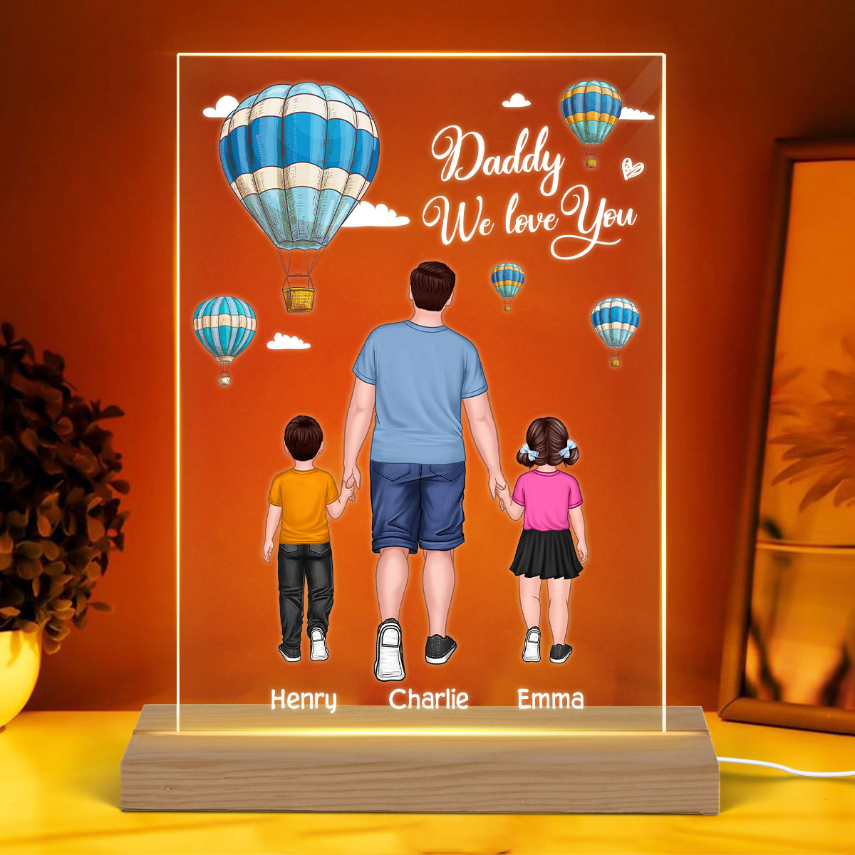 Air Balloons Dad We Love You Back View Dad And Kids Walking Personalized Rectangle Acrylic Plaque LED Night Light