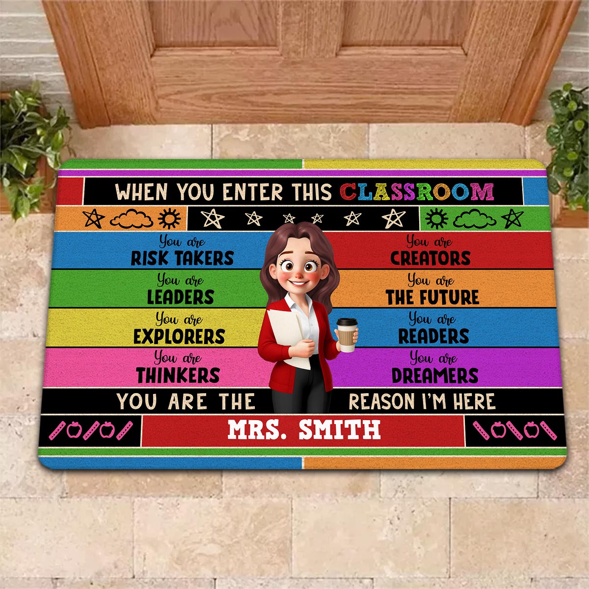 Cute Cartoon Teacher In This Classroom Colorful Personalized Doormat