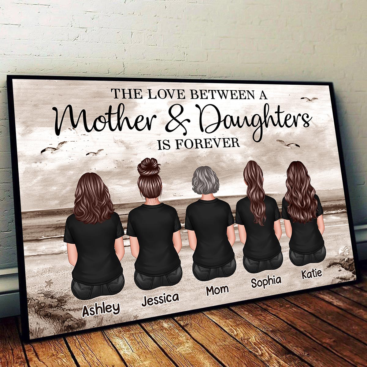 Mom And Sons Daughters Retro Vintage Beach Landscape Personalized Poster, Gift For Mom