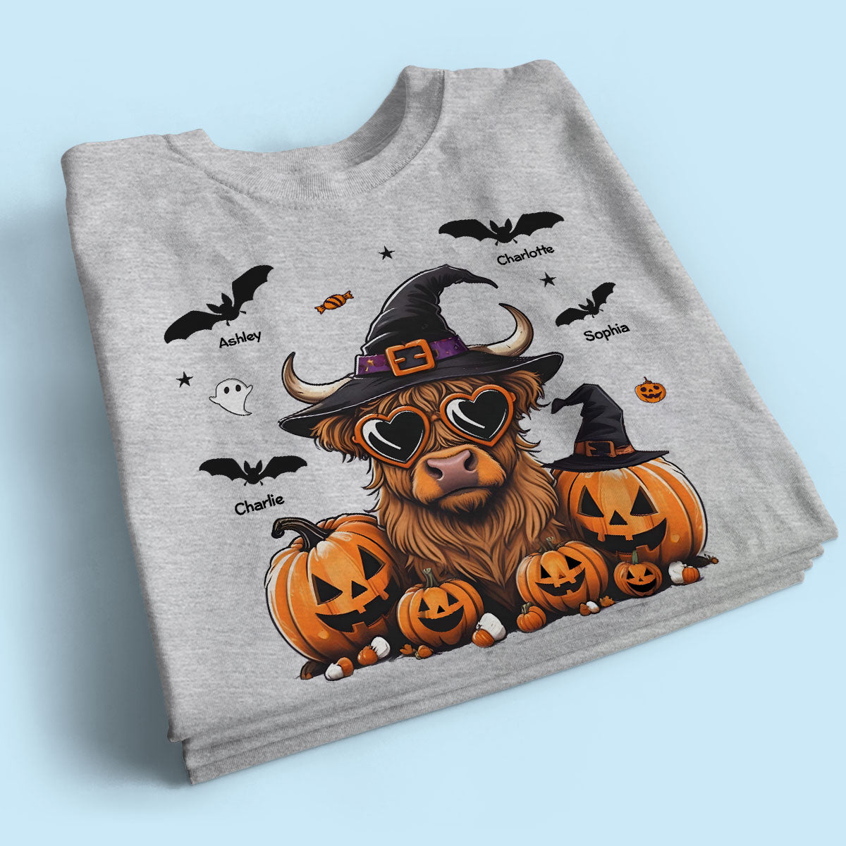 Grandma Halloween Highland Cow & Bats Kids Personalized Shirt, Gift For Grandma