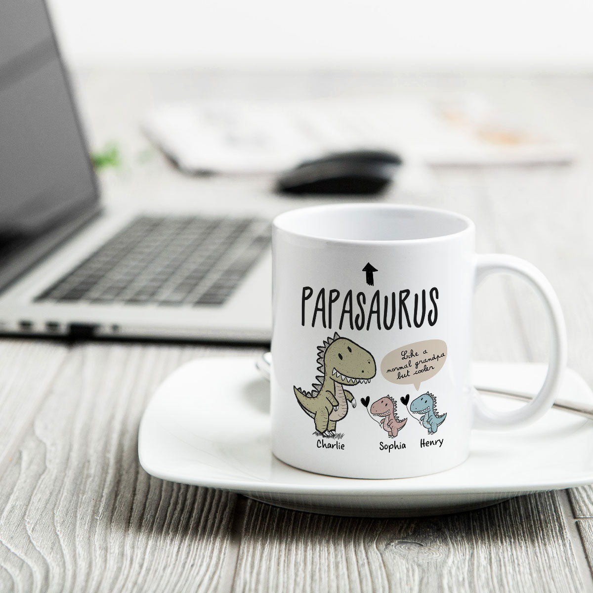 Papasaurus And Kids Cute Style Personalized Mug, Father's Day Gift for Grandpa