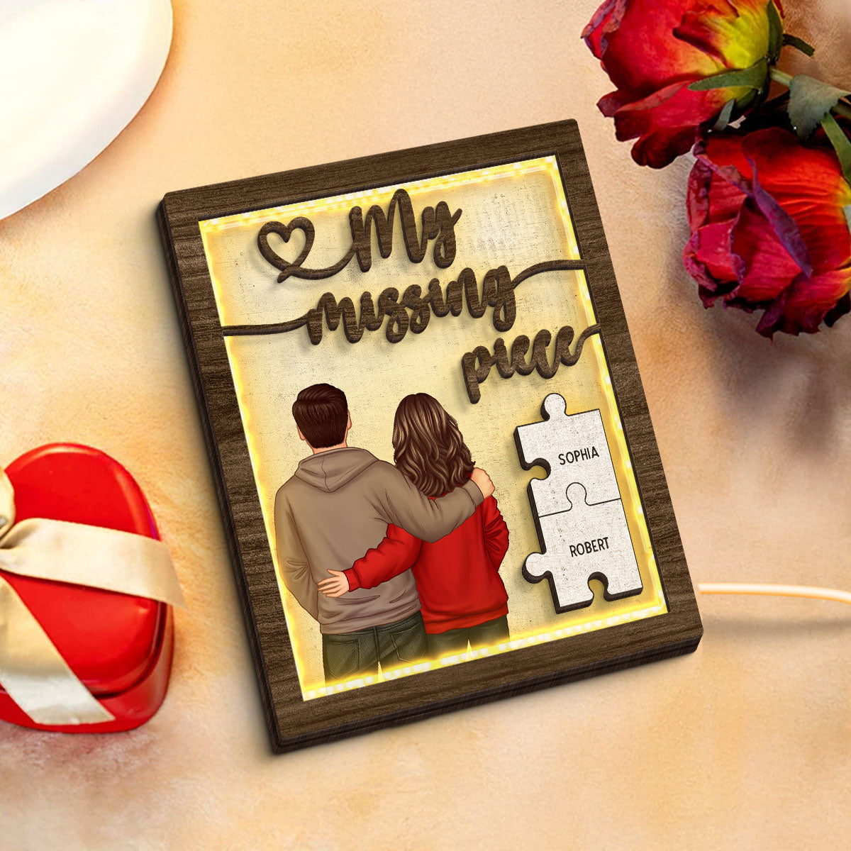 My Missing Piece Back View Couple Personalized 2-Layered Wooden Plaque with LED, Heartfelt Birthday, Anniversary Gift for him, for her