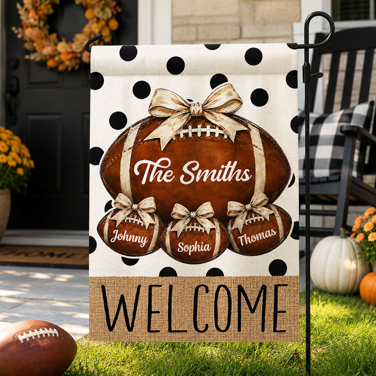 Polkadot Hello Football Season Custom Family Names - Personalized Garden Flag - Football Season Decor For Family