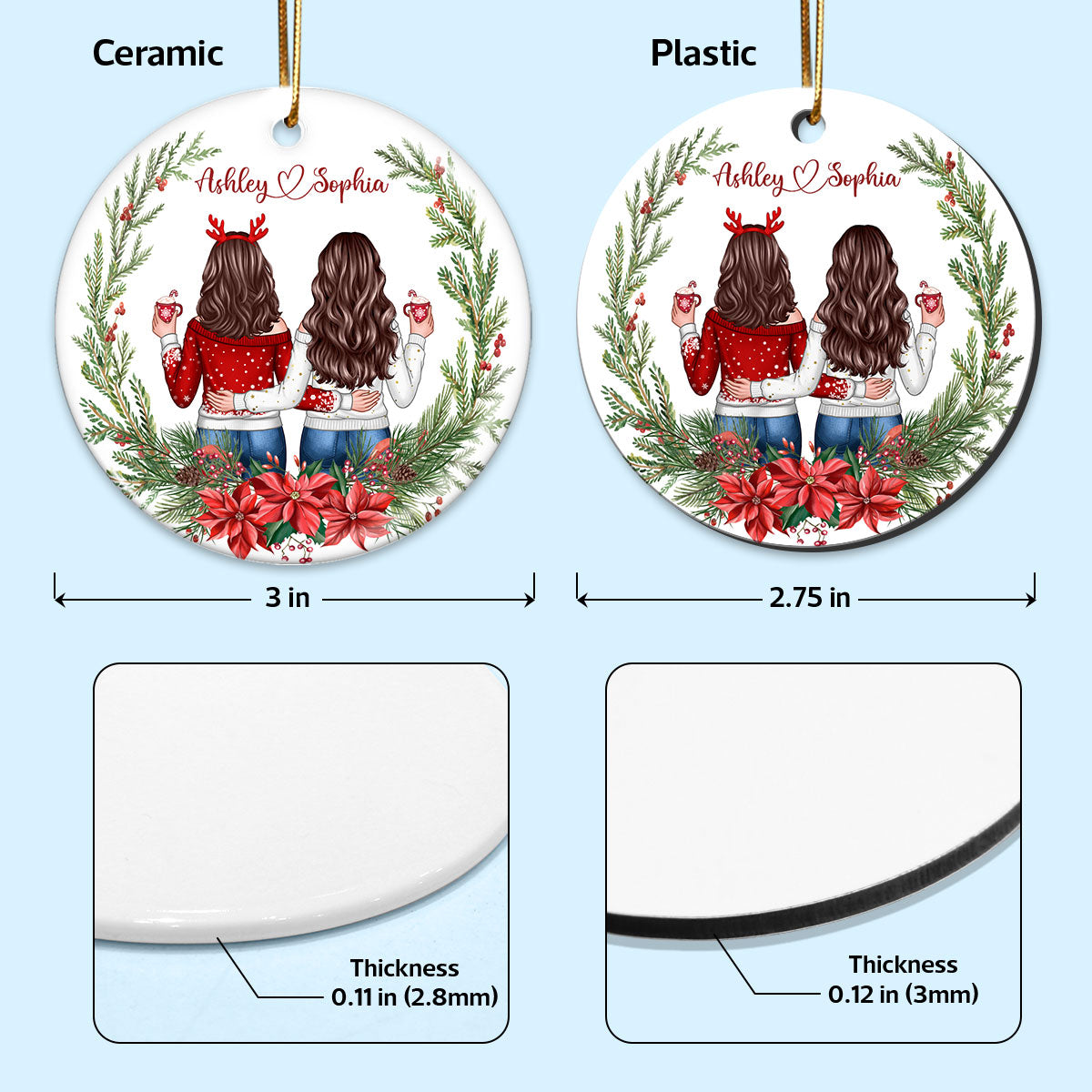 Besties Sisters Friends Back View Christmas Wreath Personalized Circle Ornament