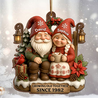 Old Gnomes Couple Sharing Holiday Cheer Together - Personalized Wooden Ornament - Thoughtful & Heartfelt Christmas Gift for him, Gift for her